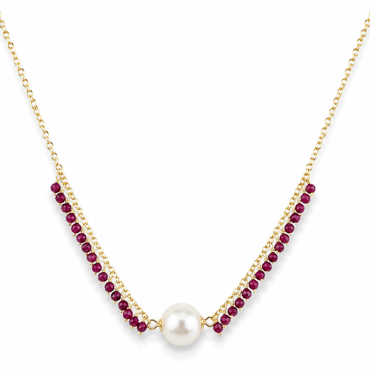 14k White Pearl Center & Dyed Emerald, Ruby or Sapphire Cluster Necklace