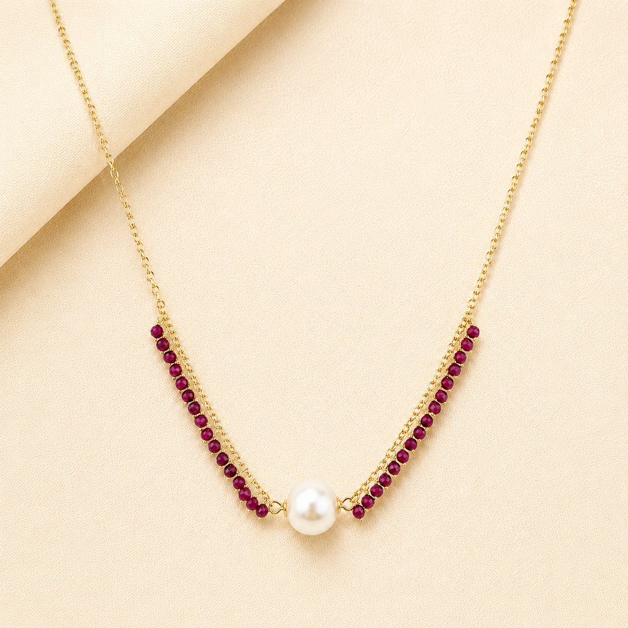 14k White Pearl Center & Dyed Emerald, Ruby or Sapphire Cluster Necklace