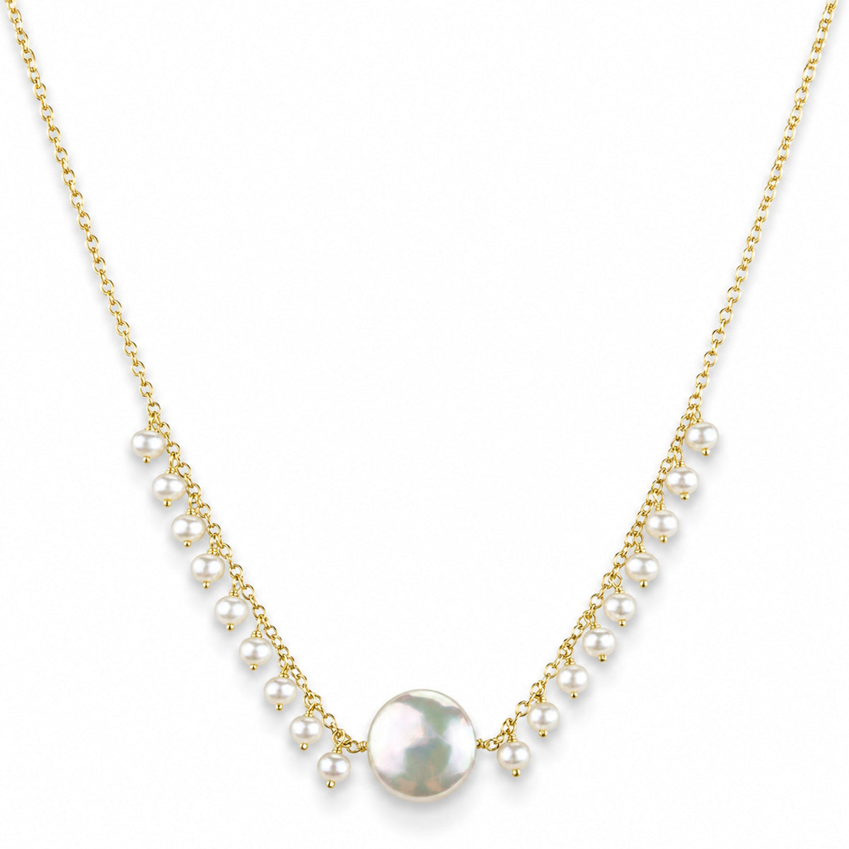 14k White Pearl Coin Center Cluster Necklace