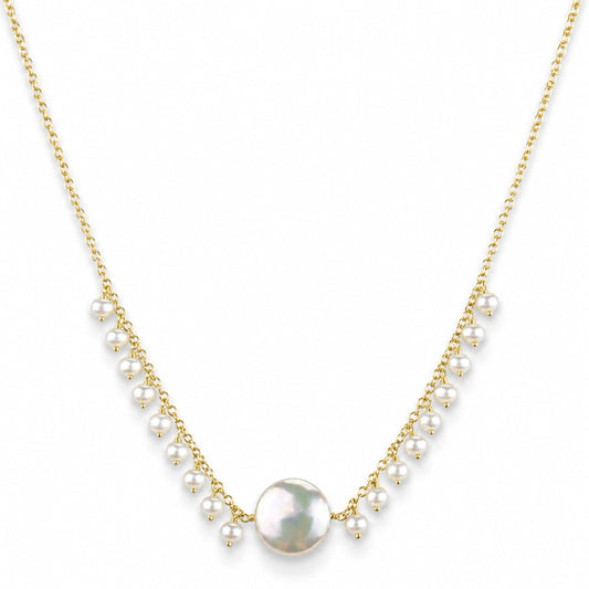 14k White Pearl Coin Center Cluster Necklace
