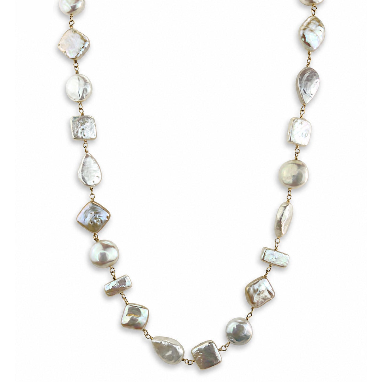 14k White Pearl Mixed Shape Link Necklace