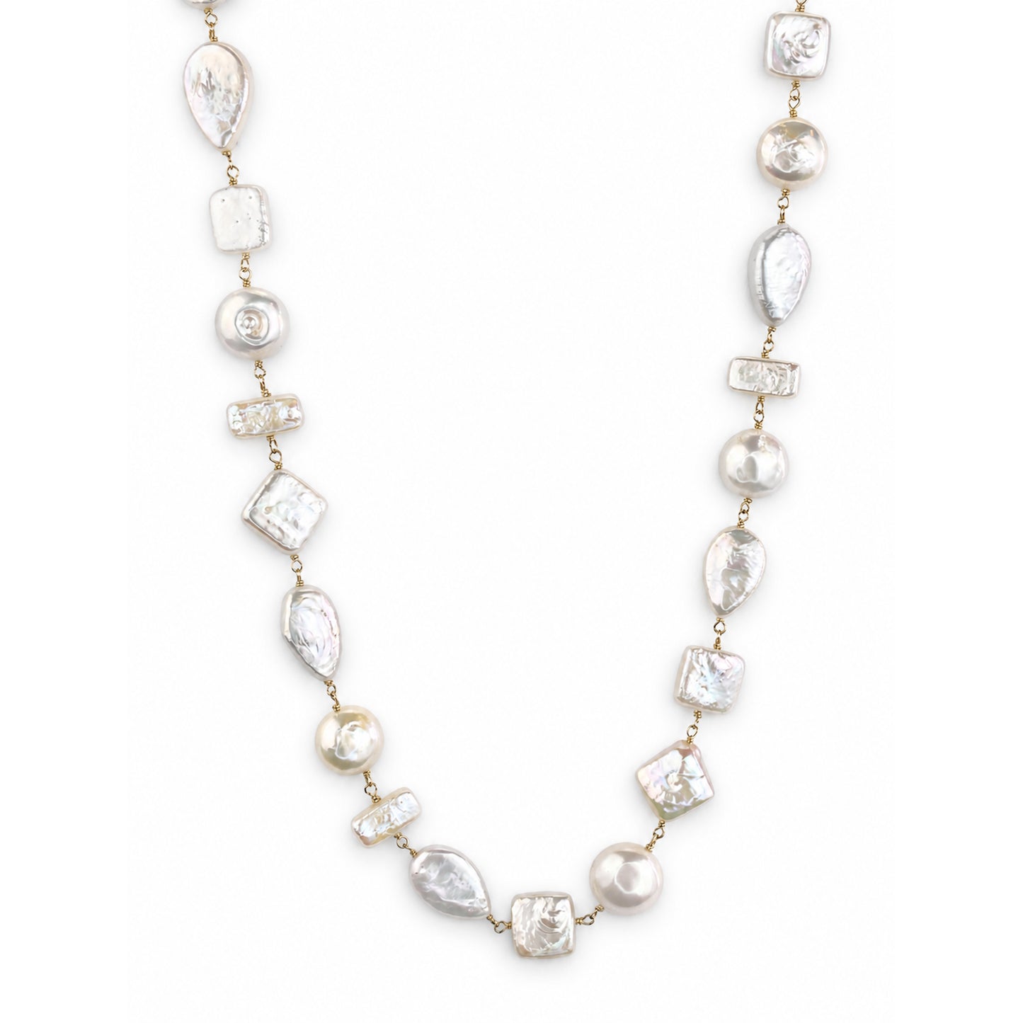 14k White Pearl Mixed Shape Link Necklace