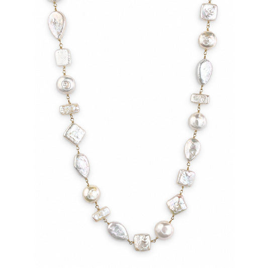 14k White Pearl Mixed Shape Link Necklace