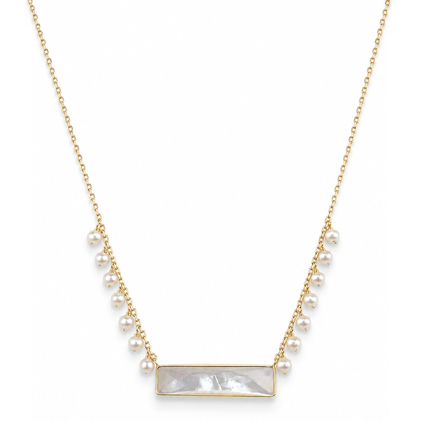 14k White Pearl Drop & Mother of Pearl Rectangle Bezel Center Necklace