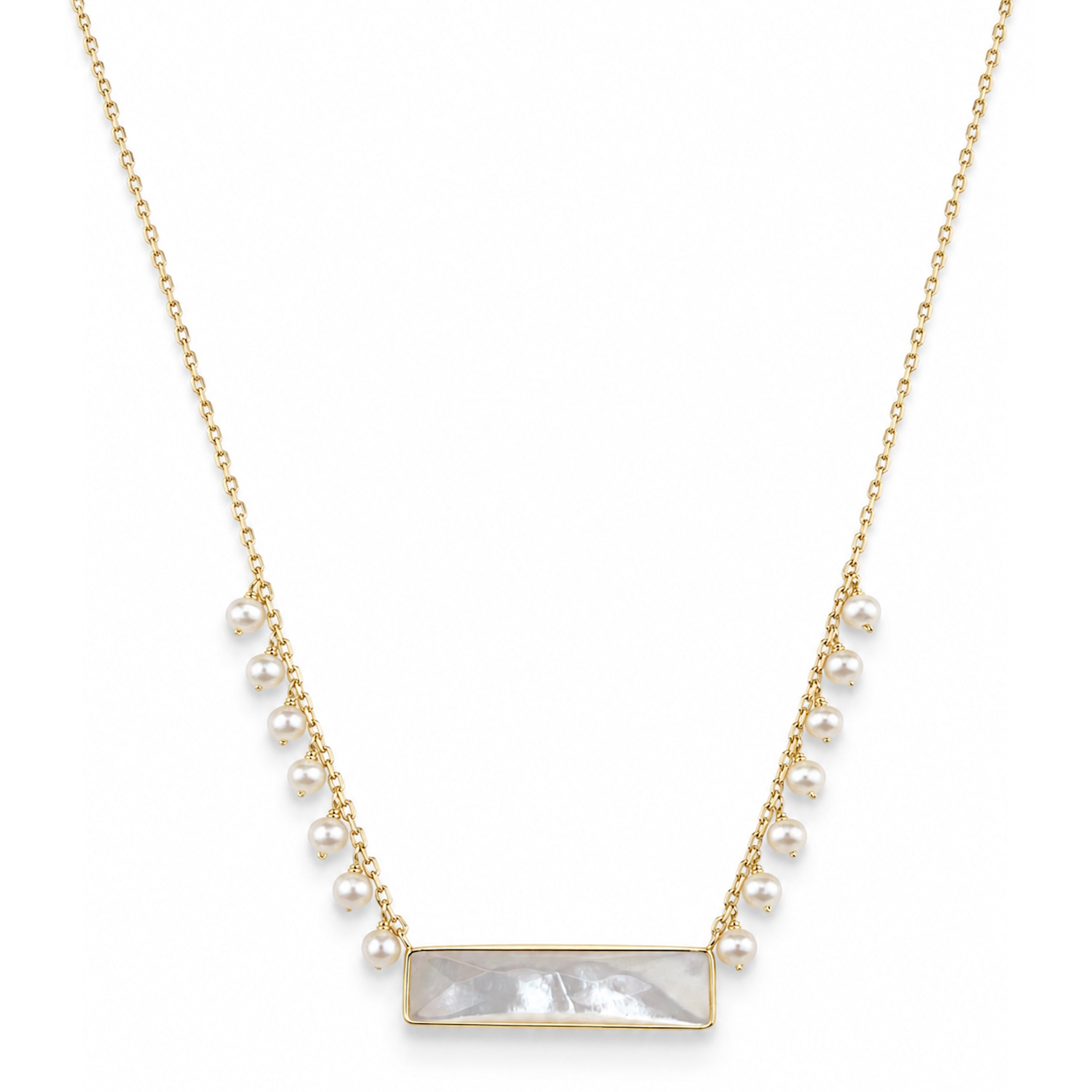 14k White Pearl Drop & Mother of Pearl Rectangle Bezel Center Necklace