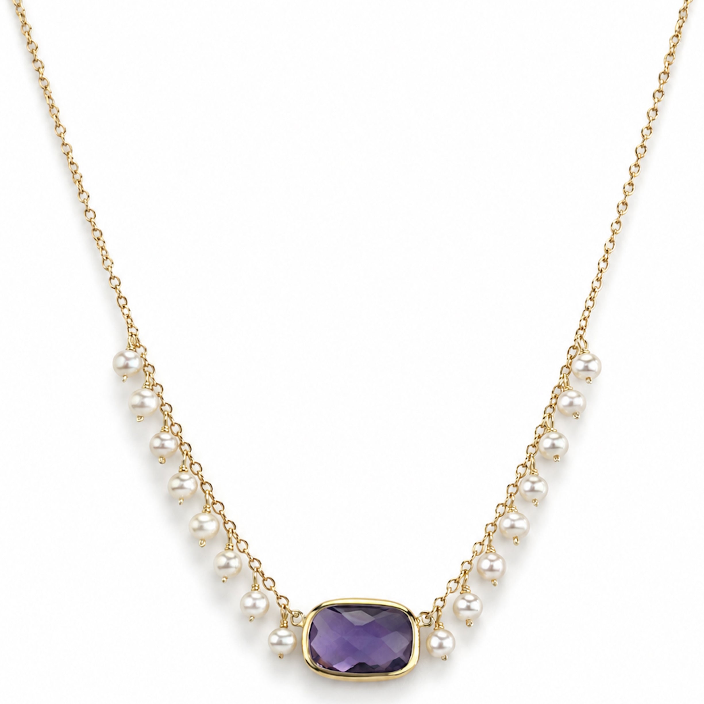 14k White Pearl & Amethyst Cushion Center Cluster Necklace