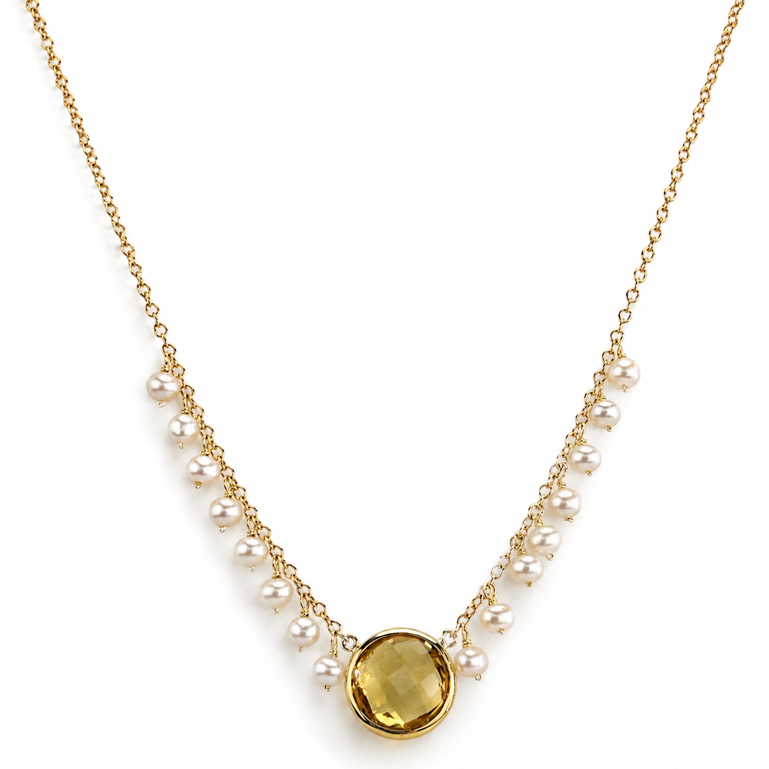 14k White Pearl & Citrine Round Center Cluster Necklace