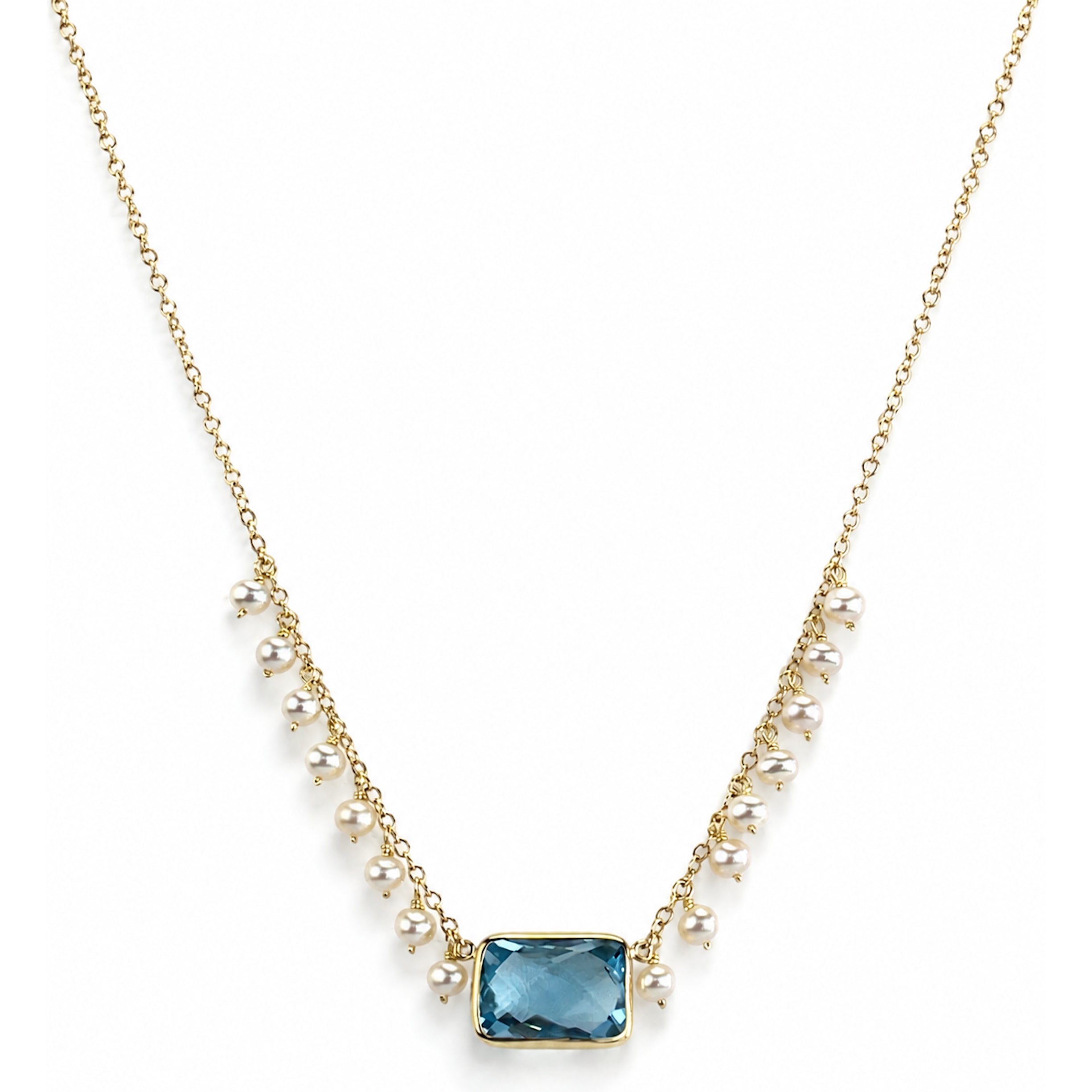 14k White Pearl & Blue Topaz Cushion Center Cluster Necklace