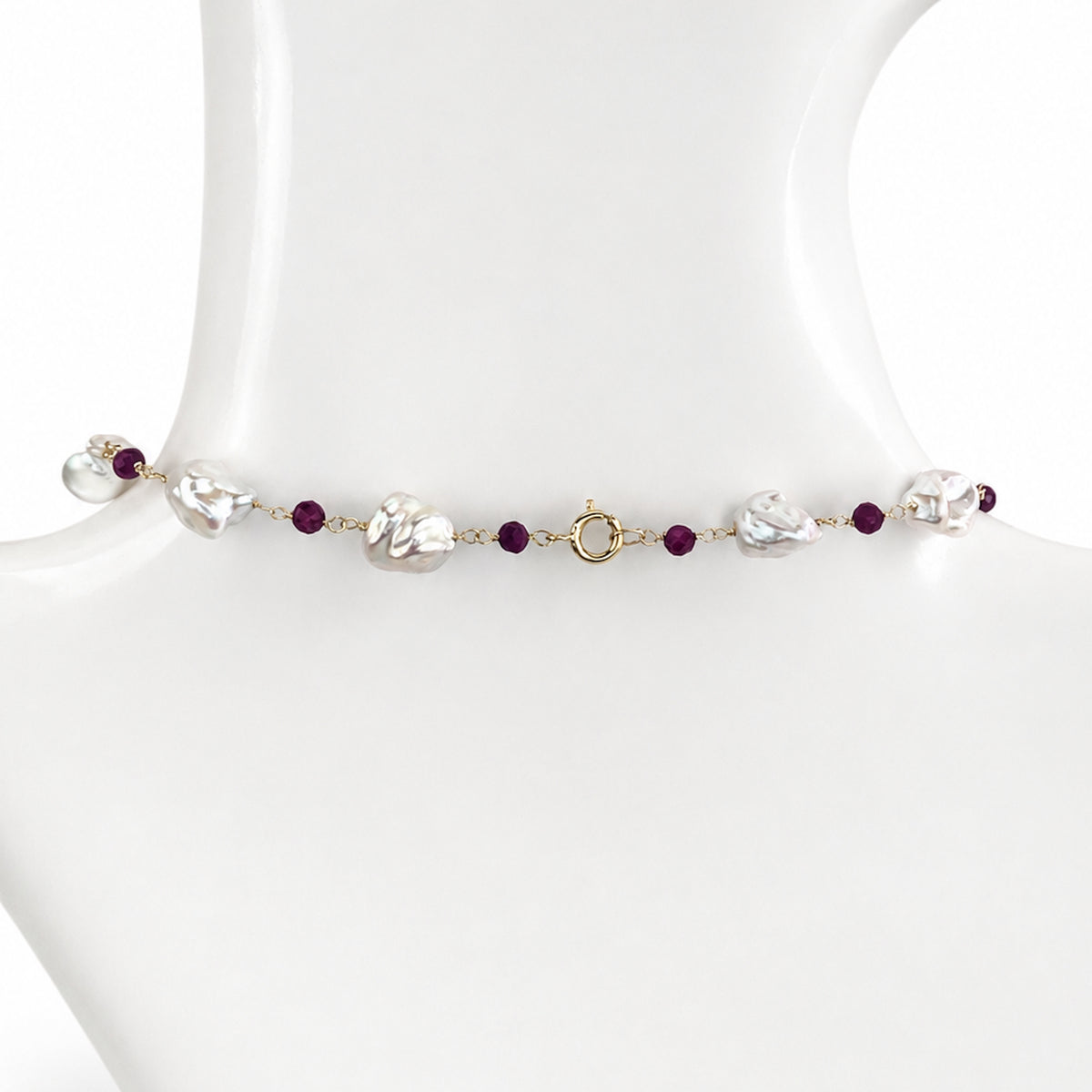 14k White Keshi Nugget Dyed Emerald or Dyed Ruby 1x1 Link Necklace