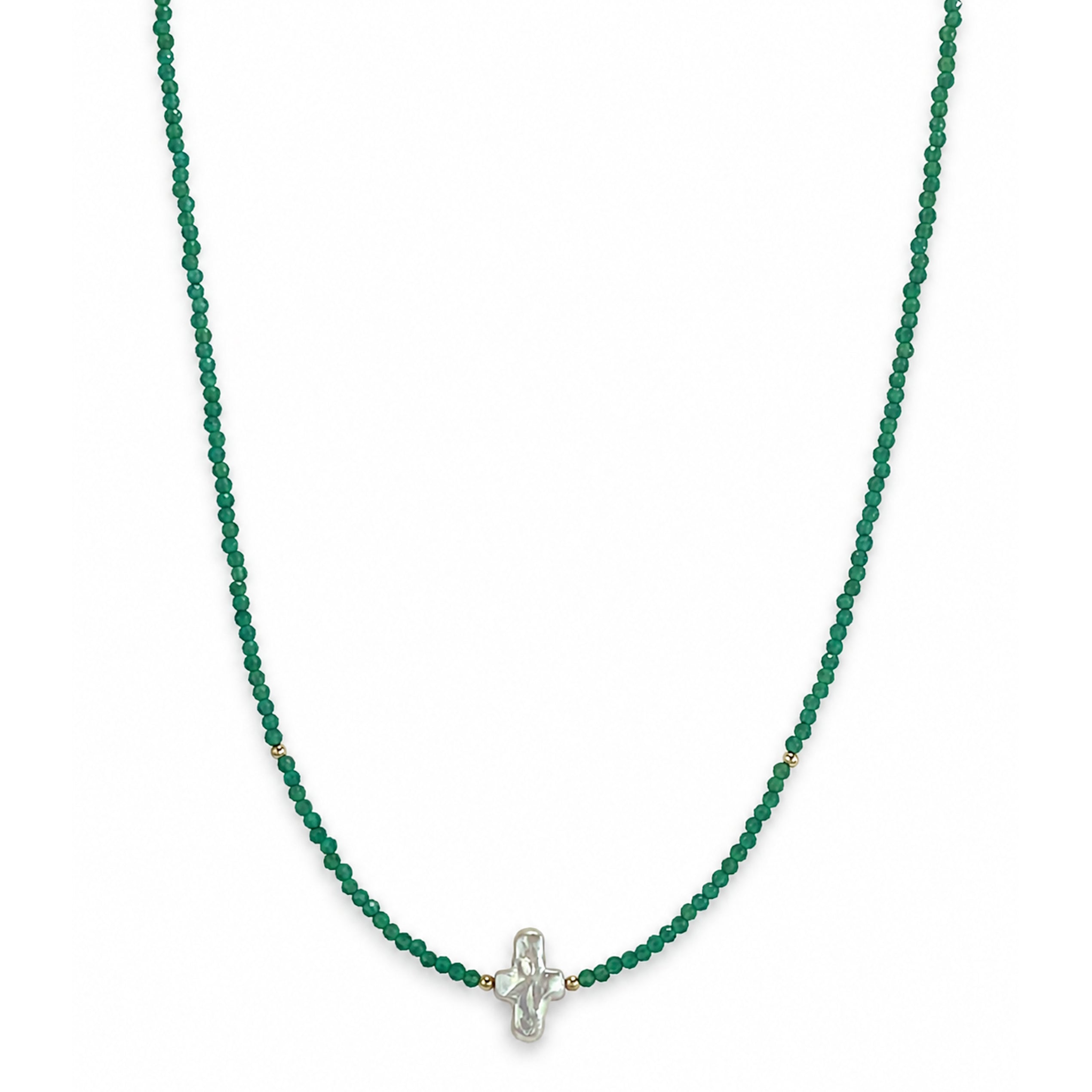 14k Green Onyx Pearl Cross Center Necklace