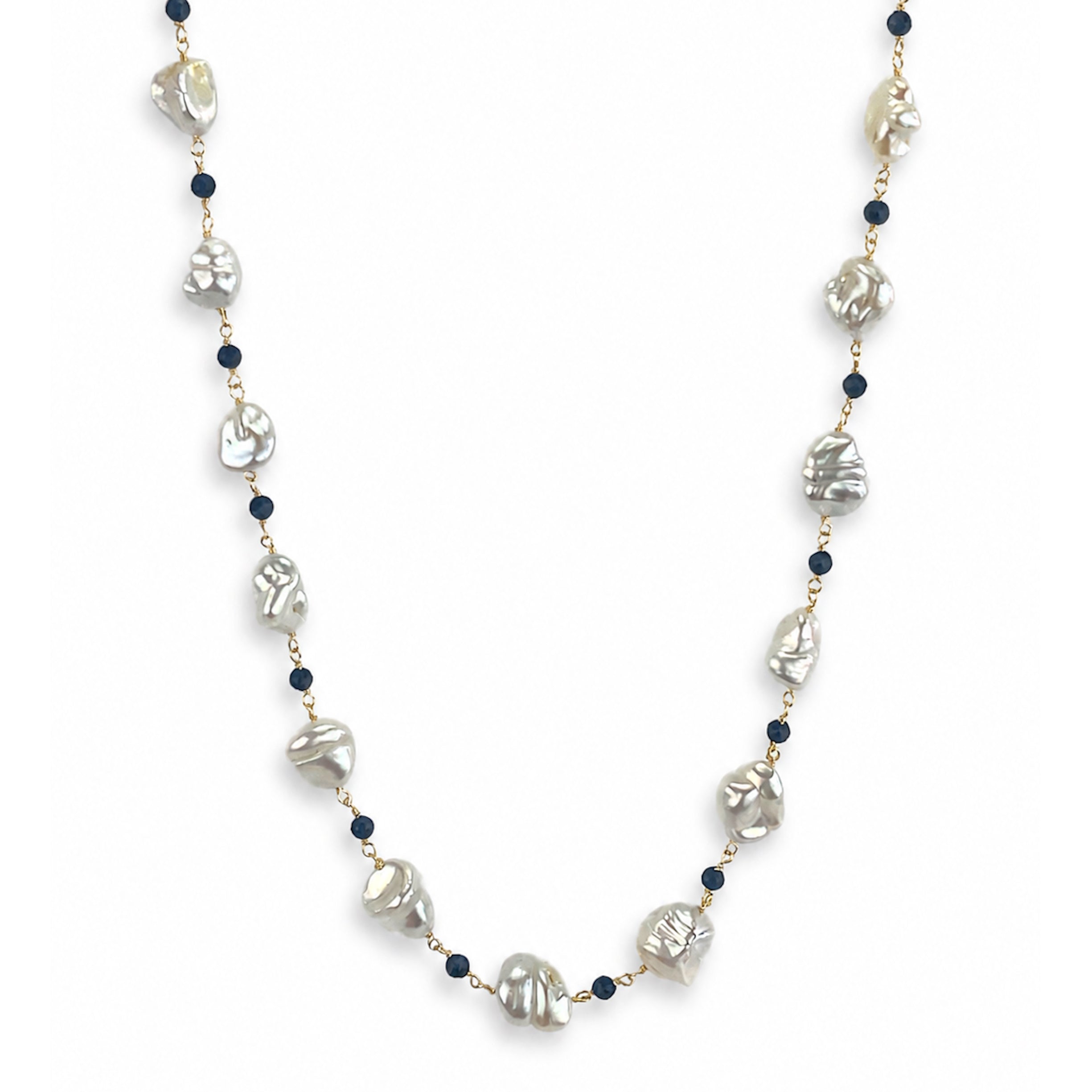 14k White Keshi Nugget Dyed Sapphire 1x1 Link Necklace
