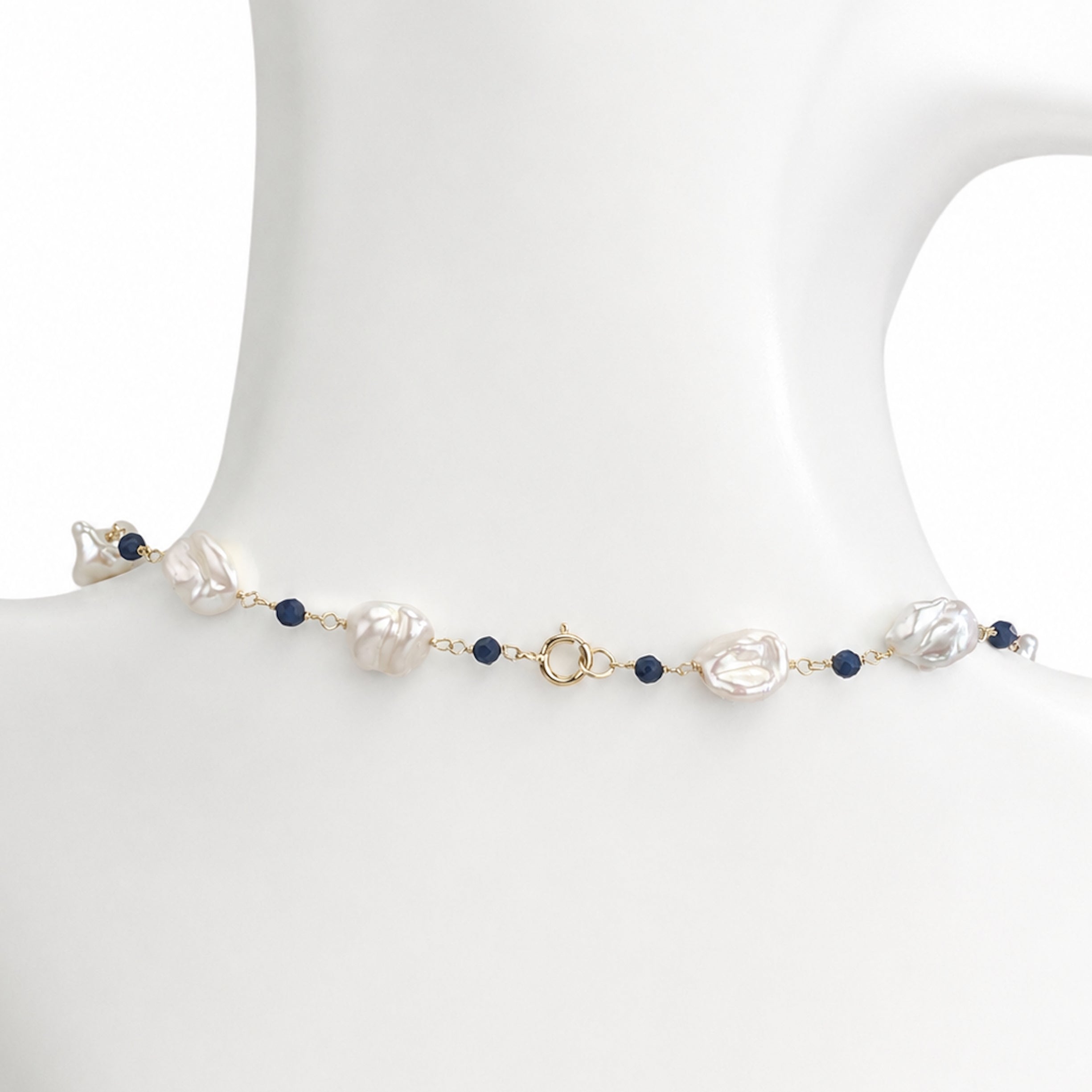 14k White Keshi Nugget Dyed Sapphire 1x1 Link Necklace