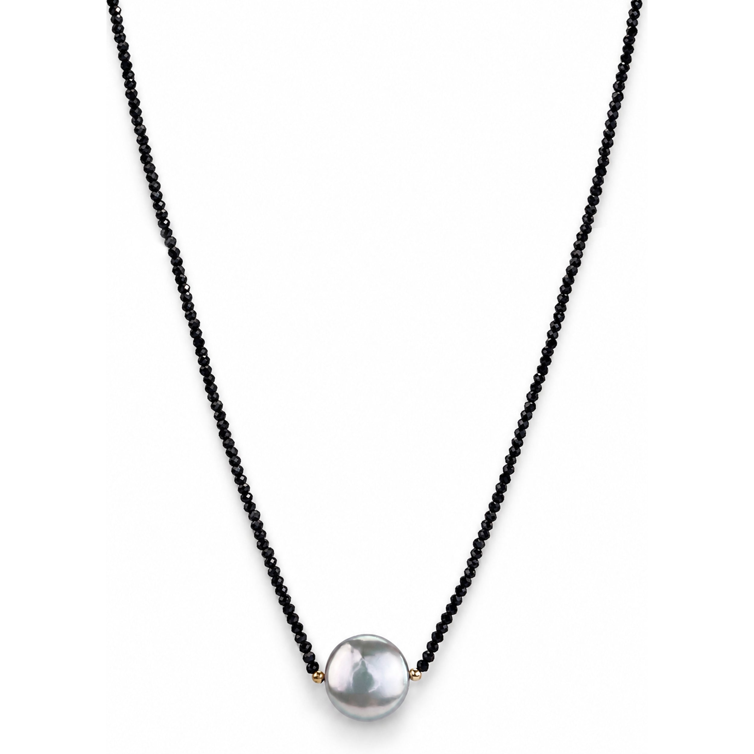 14k Black Spinel Silver Grey Coin Pearl Center Necklace
