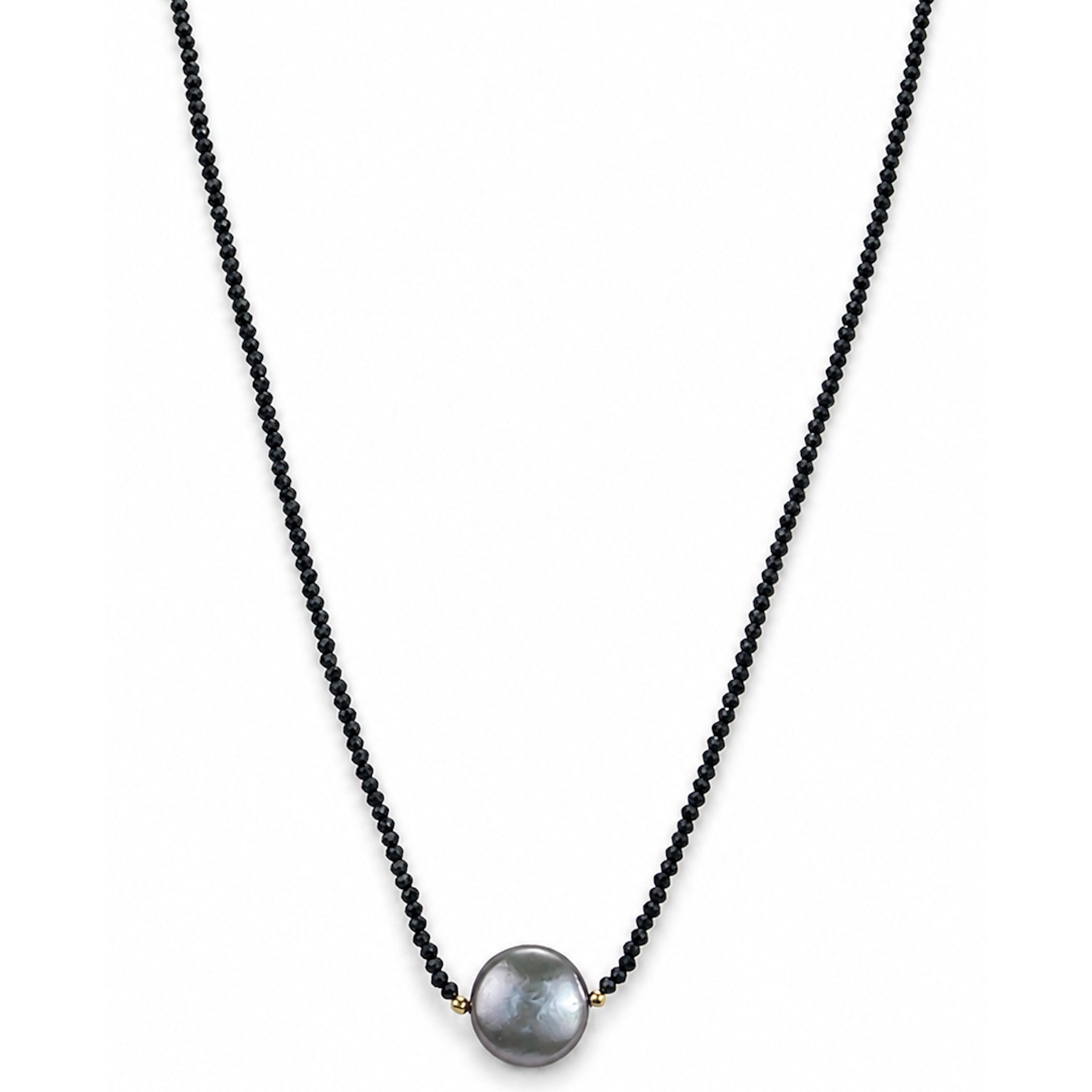 14k Black Spinel Grey Coin Pearl Center Necklace