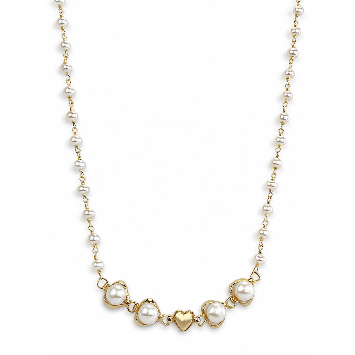14k White Pearl Heart Shape Center Link Necklace
