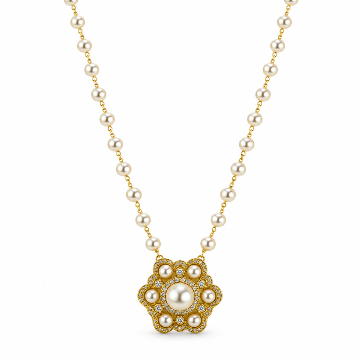 14k White Pearl Diamond Flower Pendant Necklace