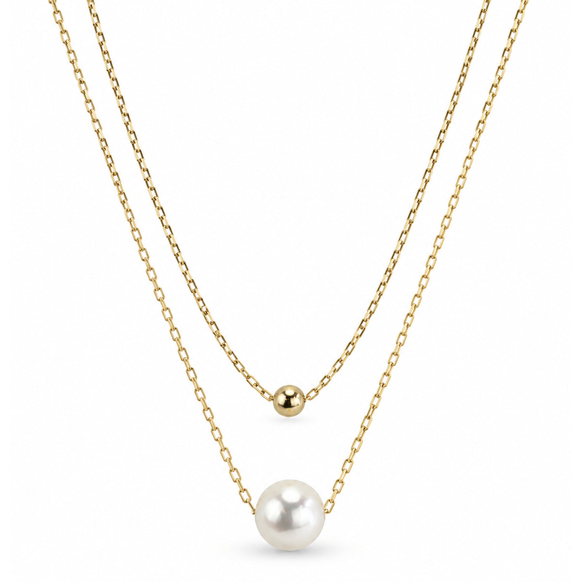 14k White Pearl Gold Ball 2 Row Slider Necklace