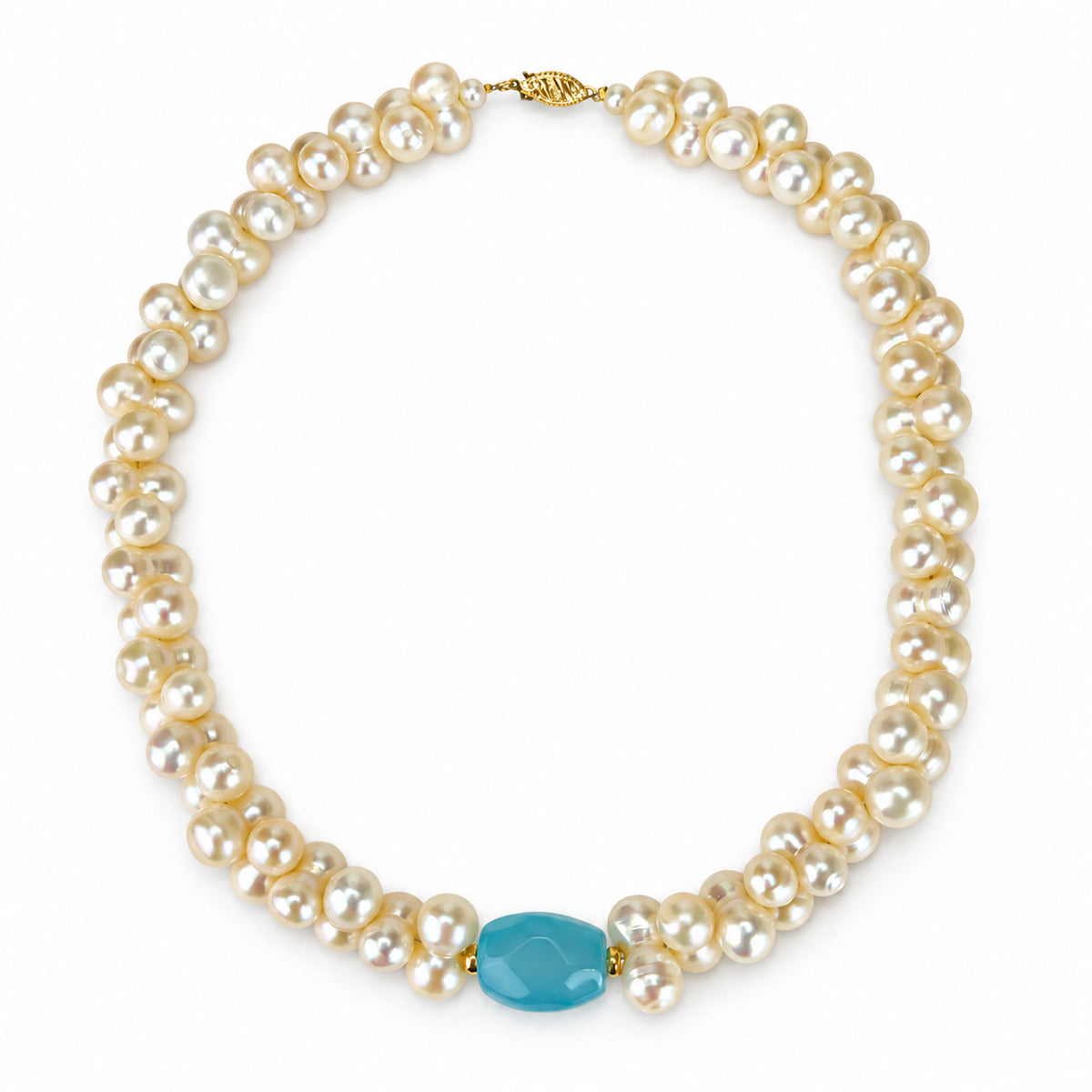 14k Peanut Freshwater Pearl Choker with Shell MOP Turquoise/Chalcedony 16"