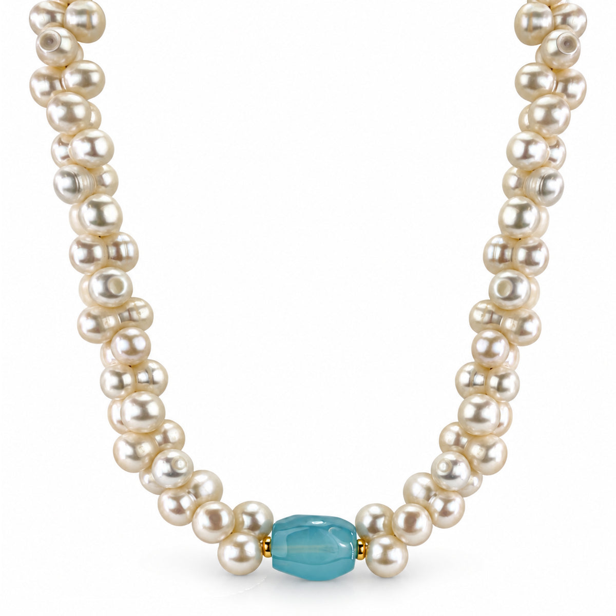 14k Peanut Freshwater Pearl Choker with Shell MOP Turquoise/Chalcedony 16"