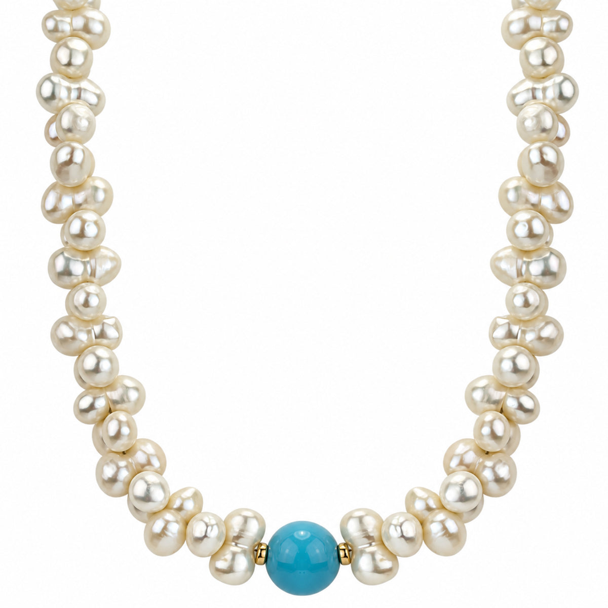 14k Peanut Freshwater Pearl Choker with Shell MOP Turquoise/Chalcedony 16"