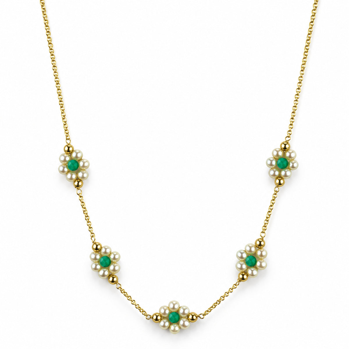 14k Multi Gemstones White Pearl 5 Flower Station Necklace
