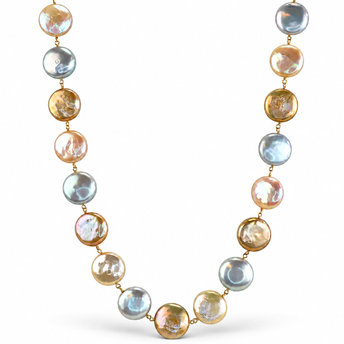 14k Multi Color Coin Pearl Link Necklace