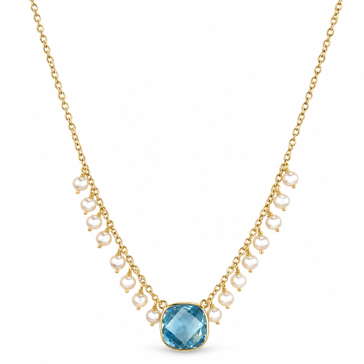 14k White Pearl and Multi Gemstone Center Cluster Necklace