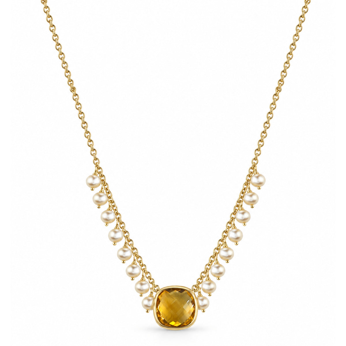 14k White Pearl and Multi Gemstone Center Cluster Necklace