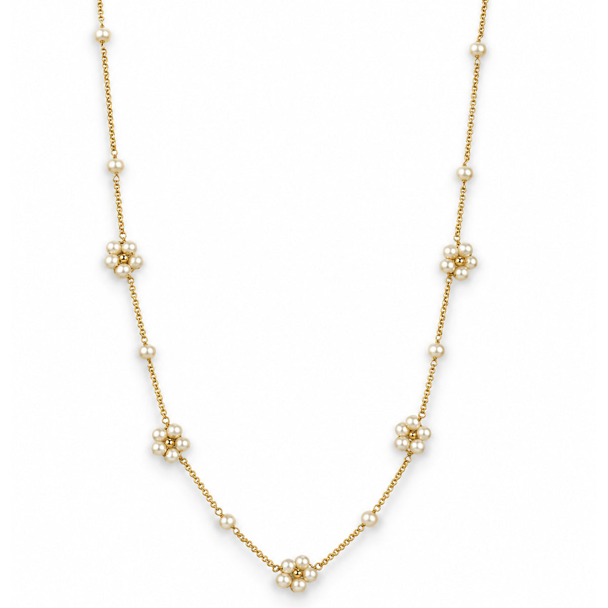 14k White Pearl 5 Flower Station Necklace