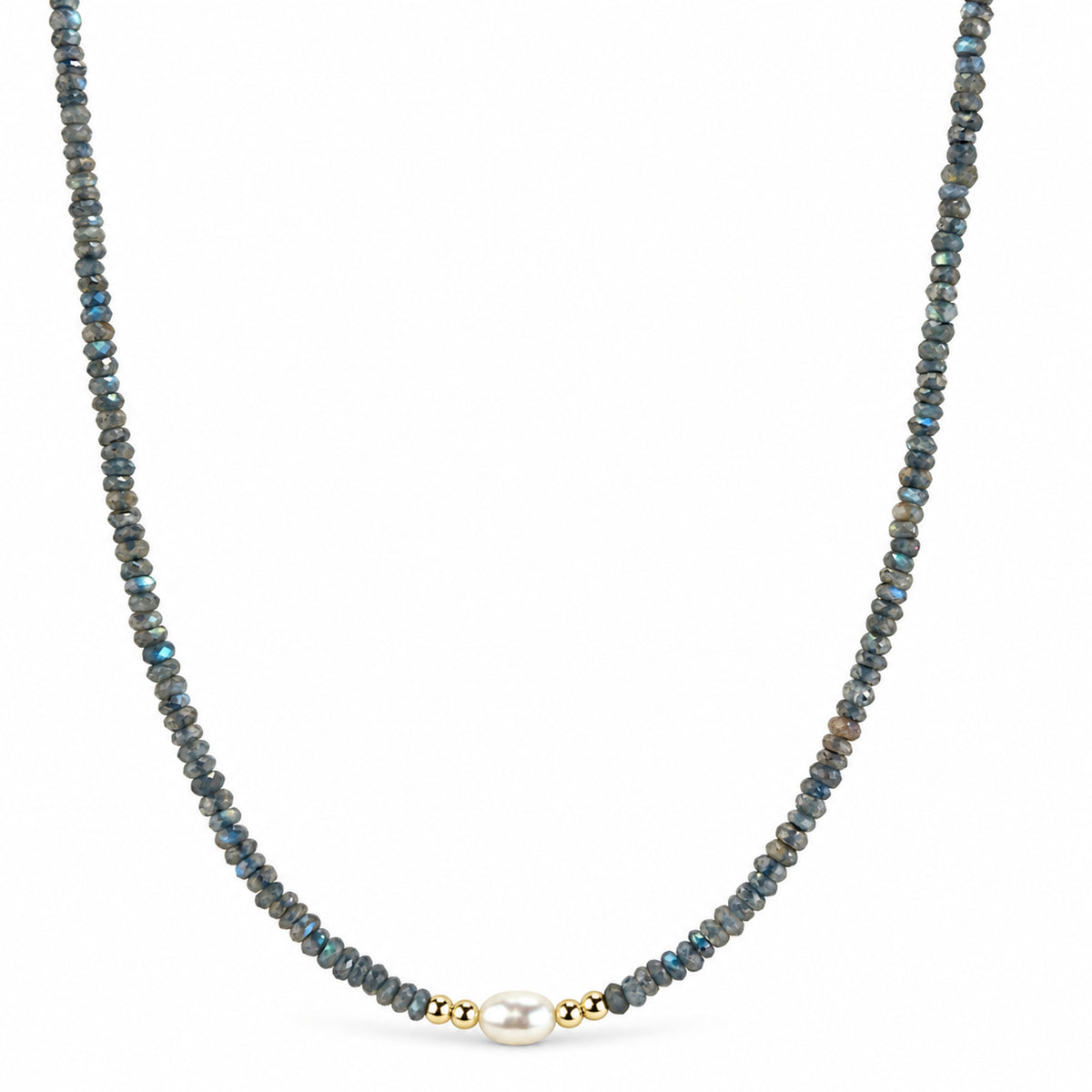 14k Multi Gemstones White Pearl 4 Gold Ball Center Necklace