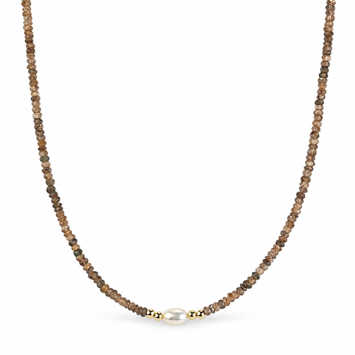 14k Multi Gemstones White Pearl 4 Gold Ball Center Necklace