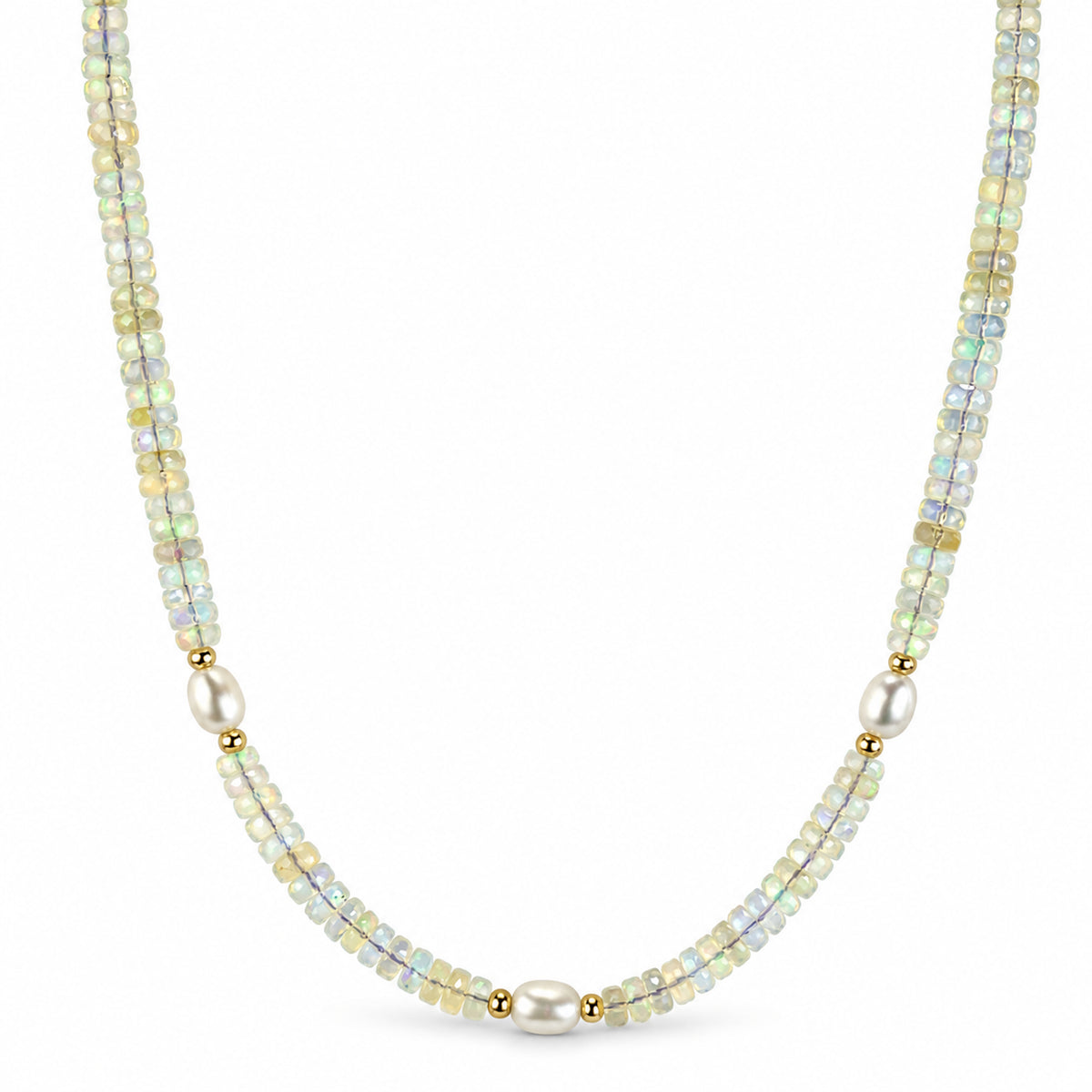 14k Multi Gemstones White Pearl 3 Station Necklace