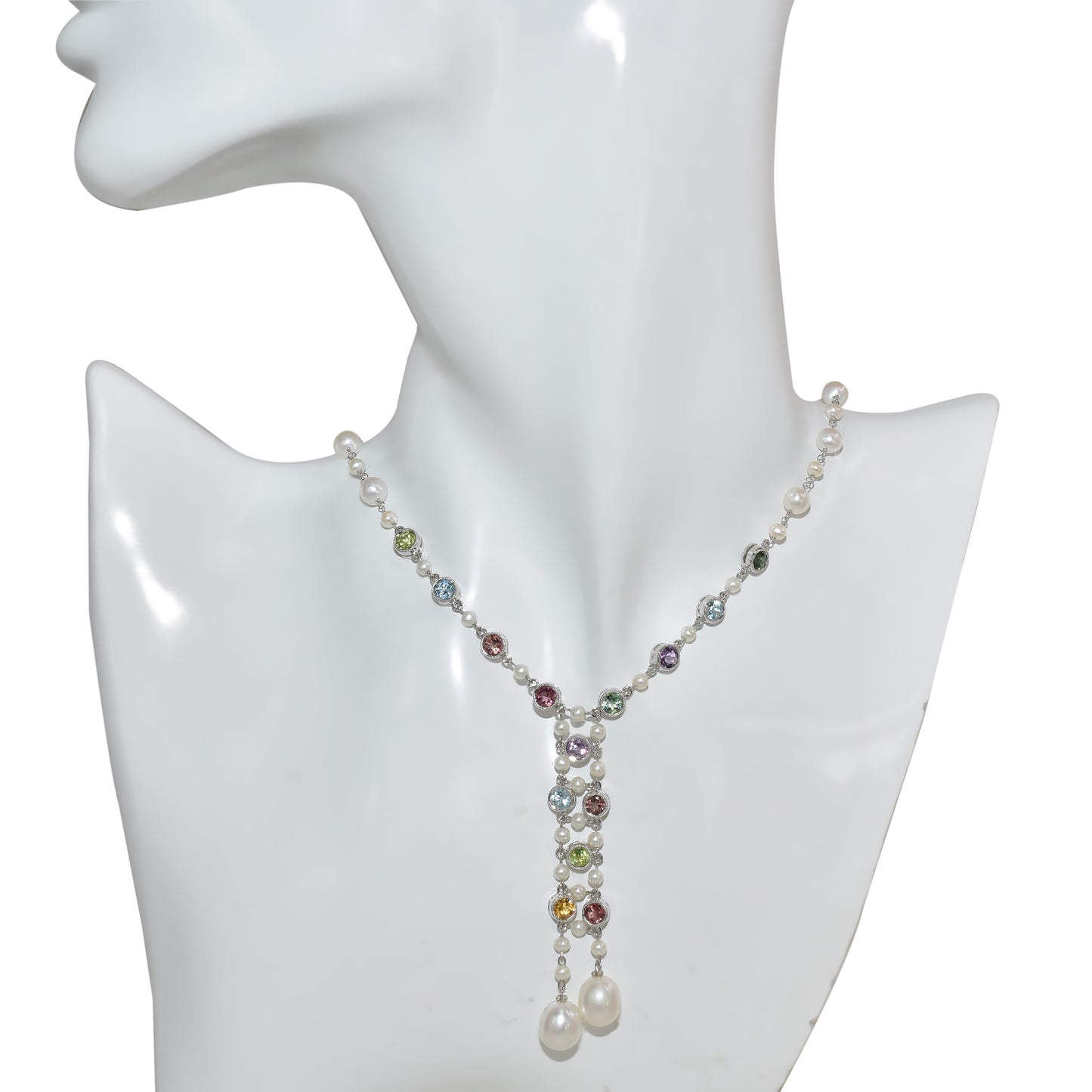 14k White Gold White Pearl Multi Gemstone Y Necklace