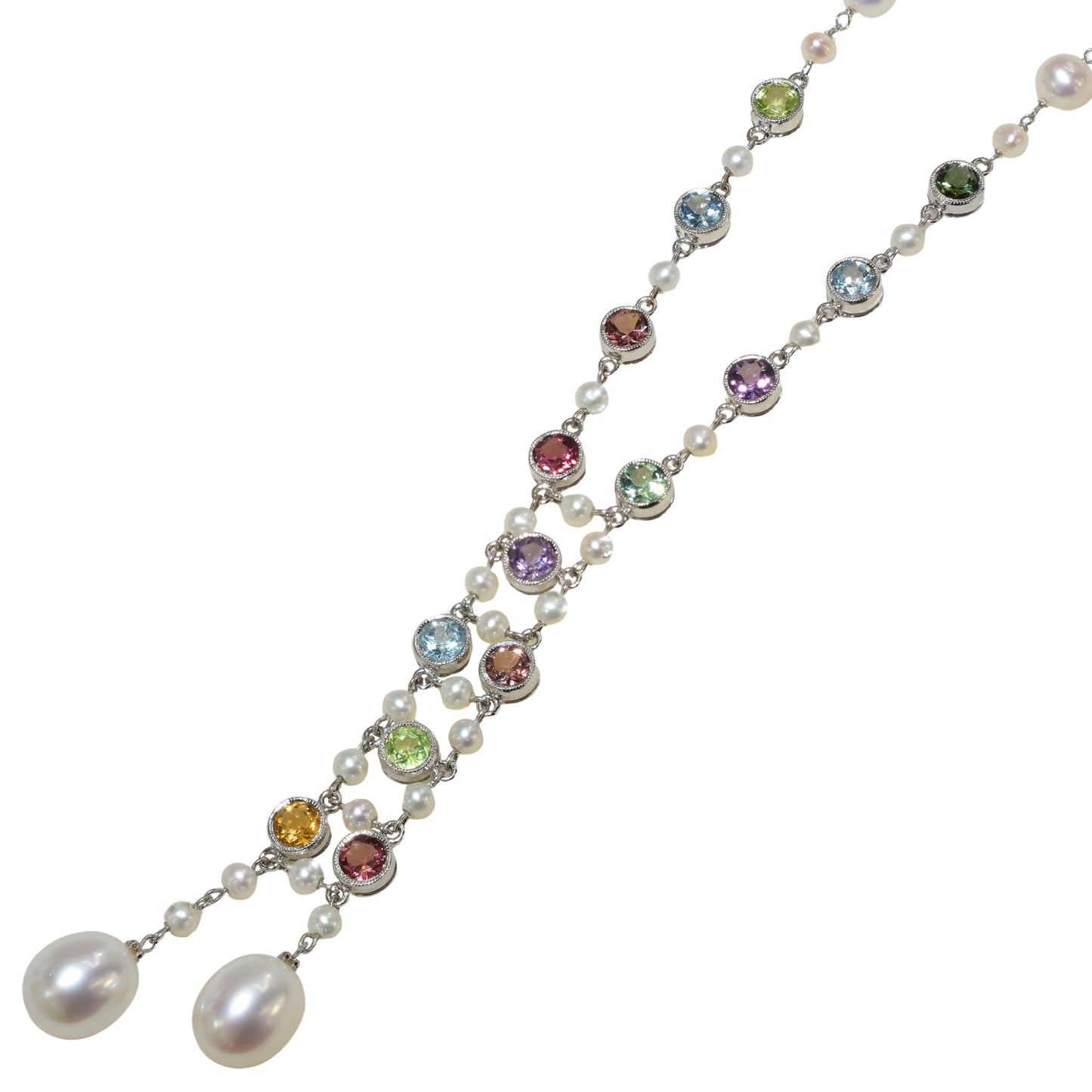 14k White Gold White Pearl Multi Gemstone Y Necklace