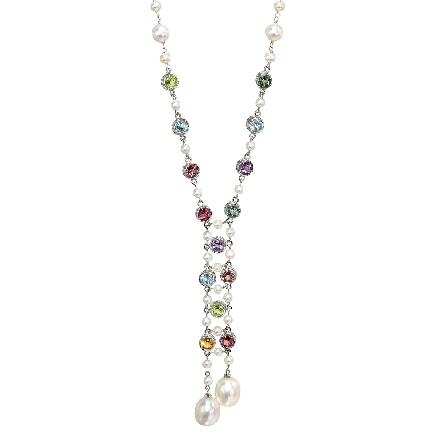 14k White Gold White Pearl Multi Gemstone Y Necklace