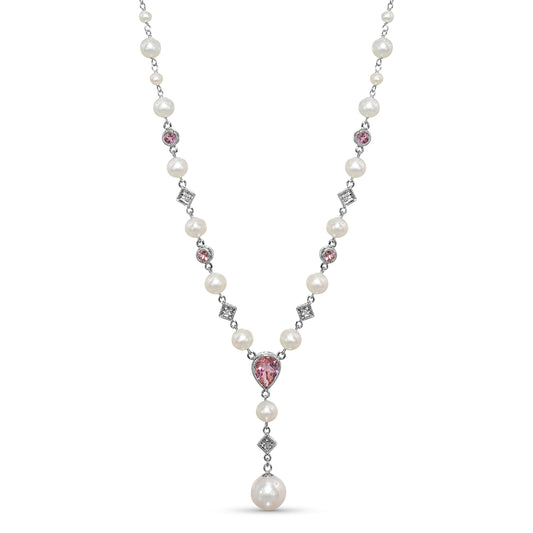 14k White Gold Diamond Pink Tourmaline Fresh Water Pearl Y Necklace