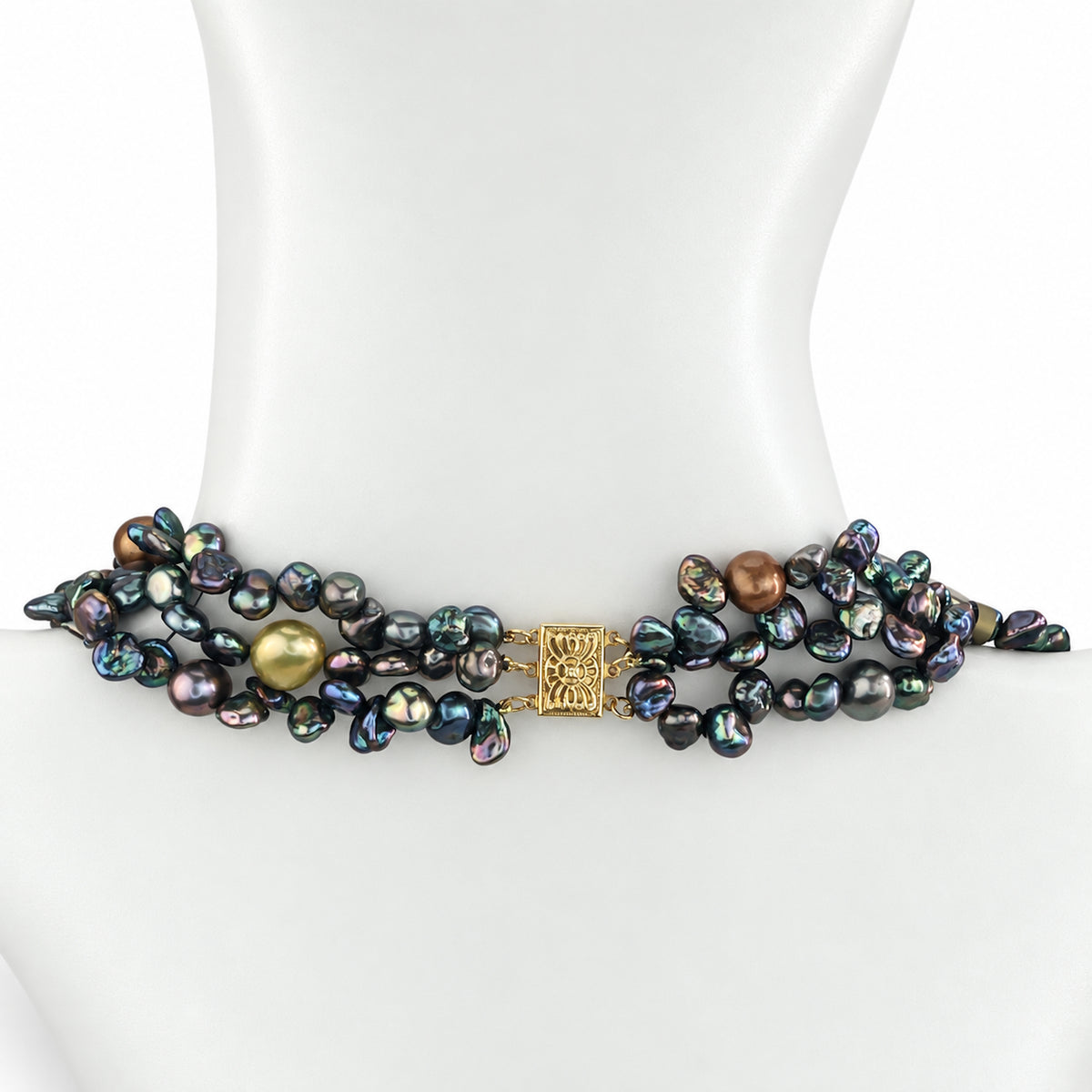14k Black Keshi & Gold Freshwater Pearls Torsade Necklace 3 Round