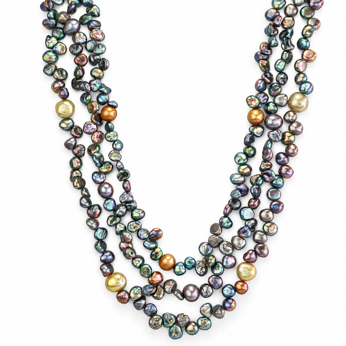 14k Black Keshi & Gold Freshwater Pearls Torsade Necklace 3 Round