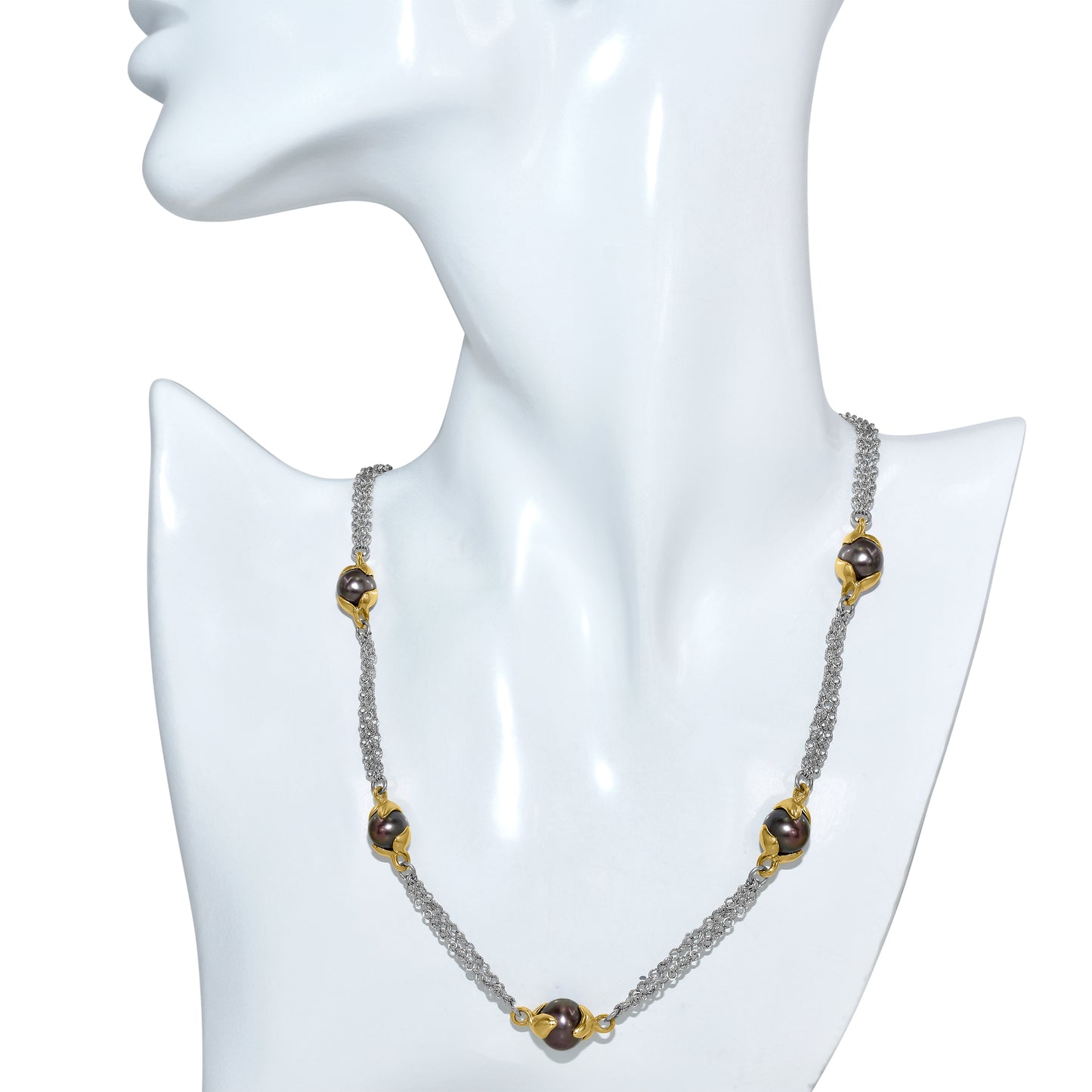 14k White Gold Black Fresh Water Pearl 3 Row Chain Necklace