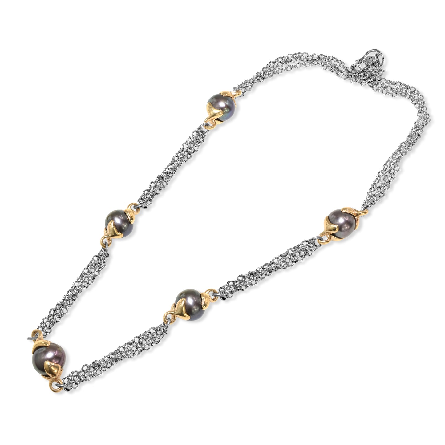 14k White Gold Black Fresh Water Pearl 3 Row Chain Necklace