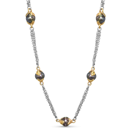 14k White Gold Black Fresh Water Pearl 3 Row Chain Necklace