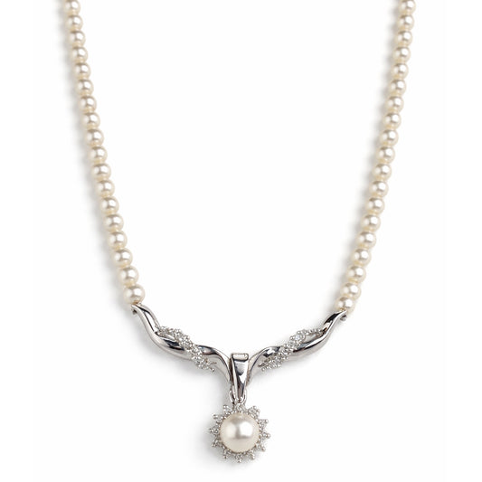 14k White Gold White Pearl & Diamond Motif Necklace