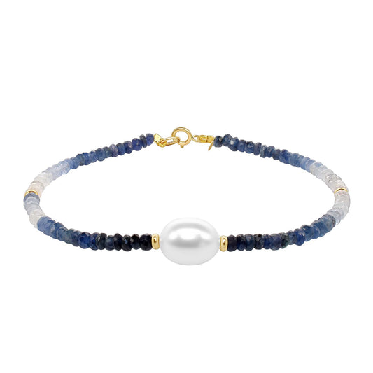 14k Sapphire White Freshwater Pearl Bracelet 6.5''