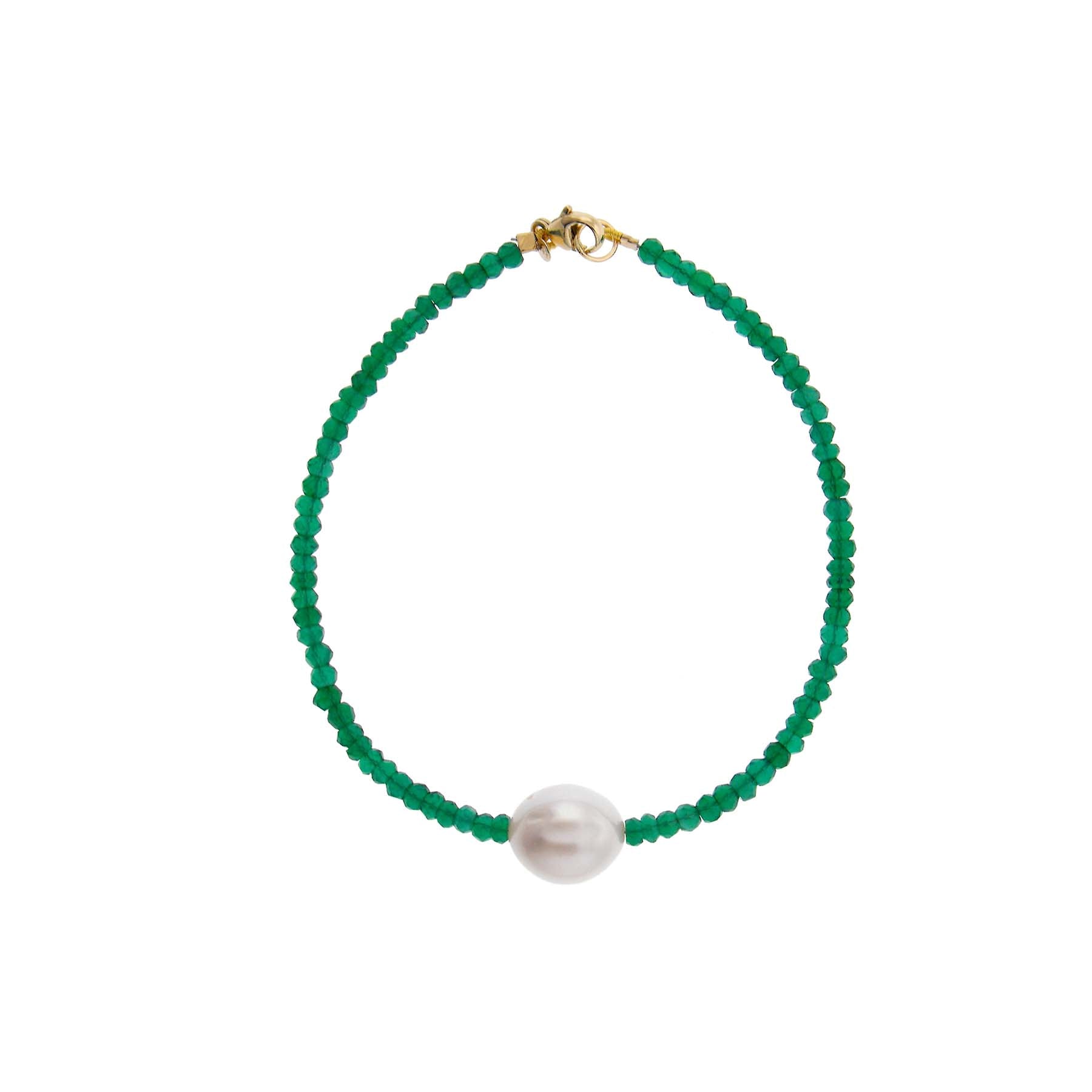 14k Green Onyx White Freshwater Pearl Bracelet 6.5''
