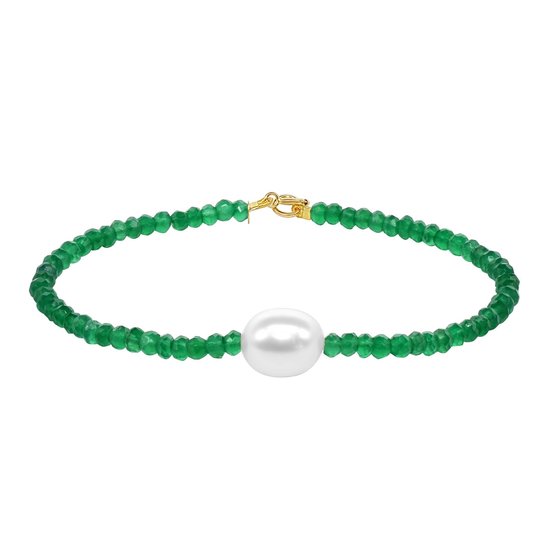 14k Green Onyx White Freshwater Pearl Bracelet 6.5''