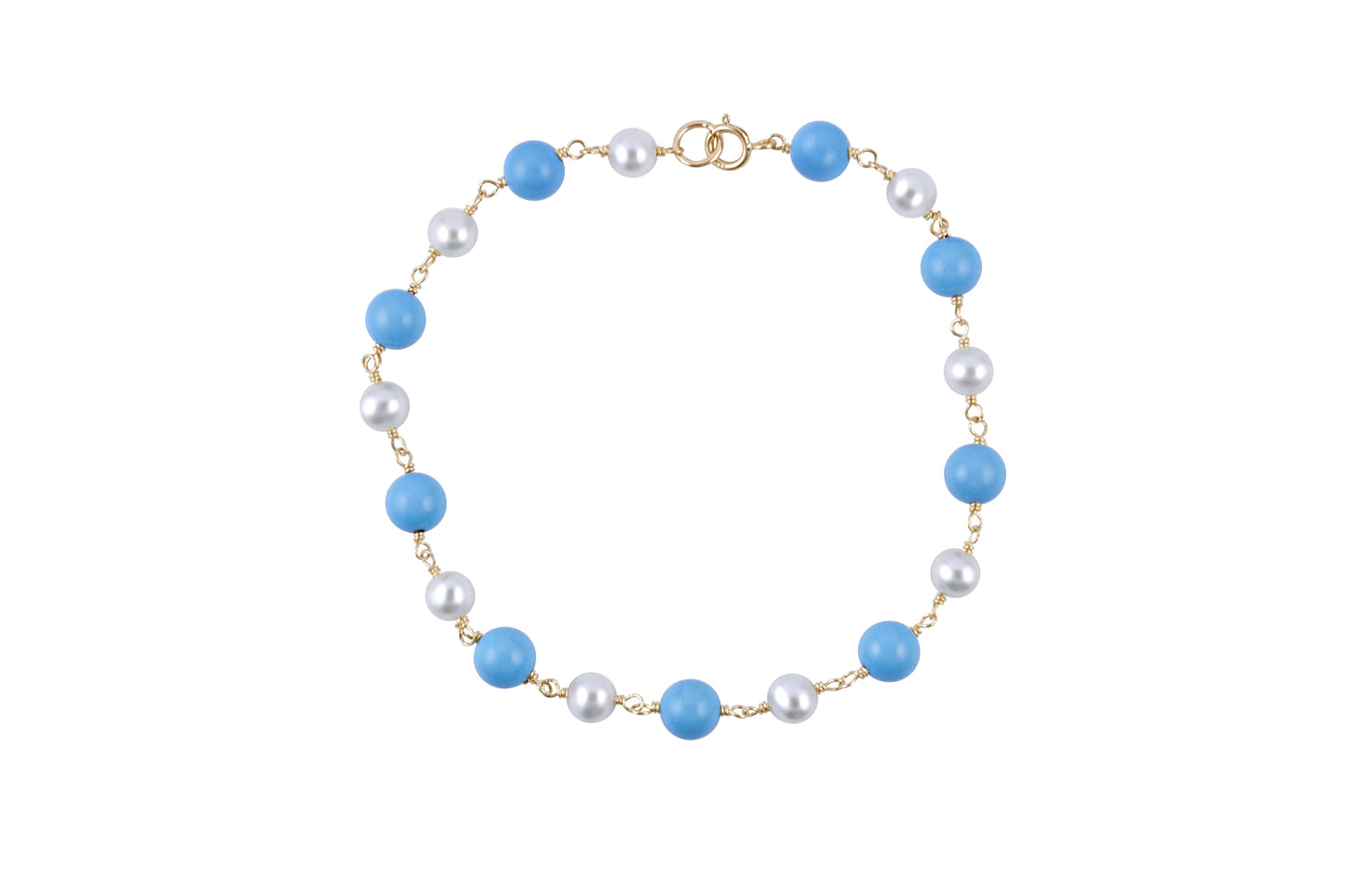 14k Turquoise White Freshwater Pearls Round 1x1 Link Bracelet 7.5"
