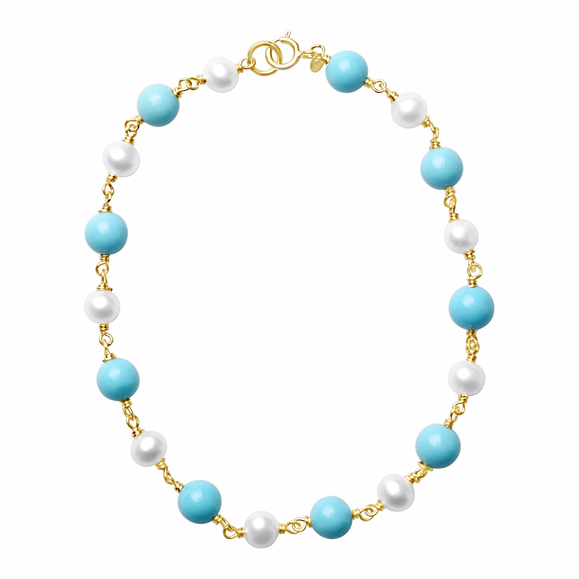 14k Turquoise and Freshwater Pearls Round 1x1 Link Bracelet 7.5" freeshipping - Jewelmak Shop