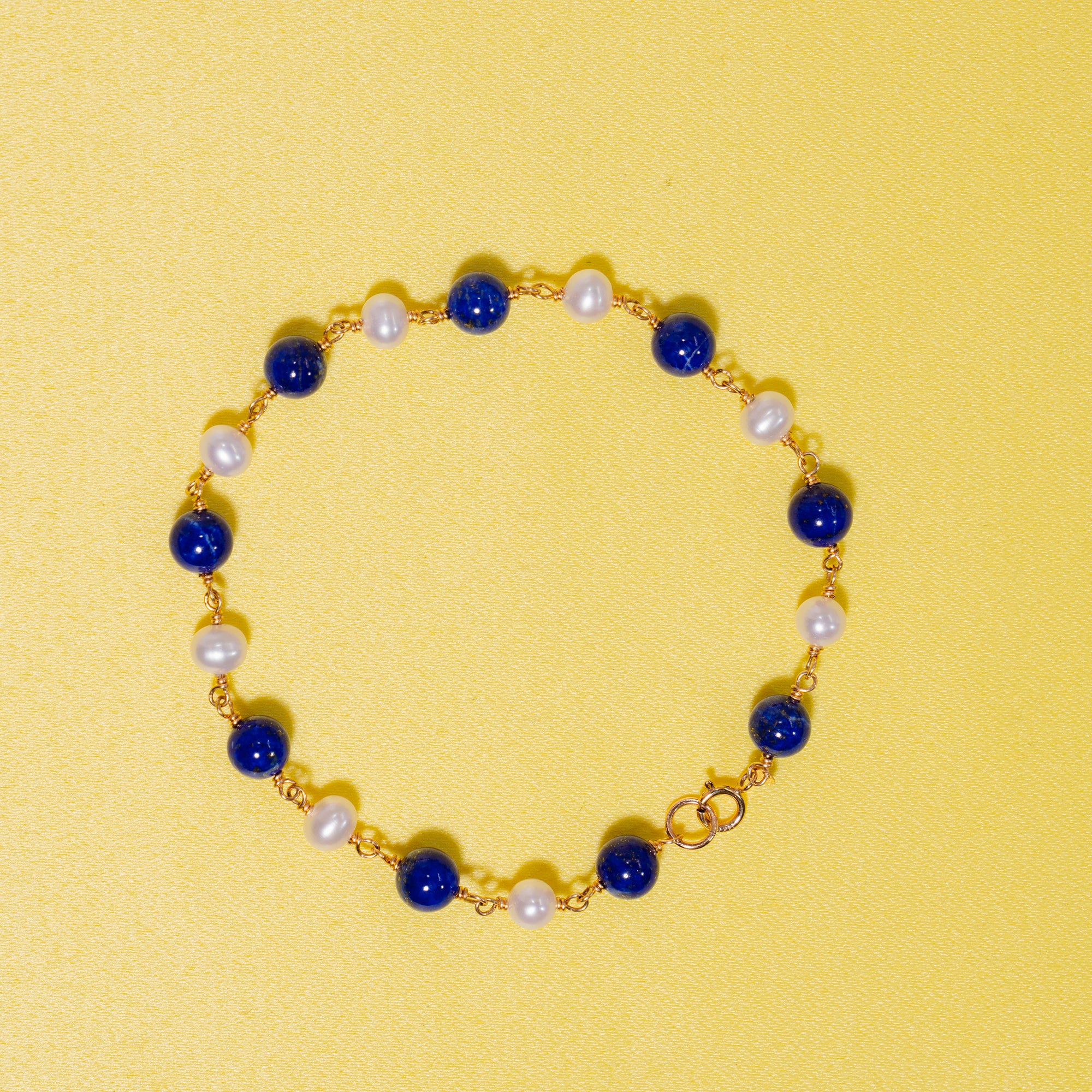 14k White Freshwater Pearl Lapis Link Bracelet 6-8" 6''