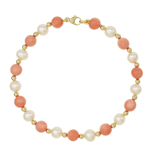 14k White Freshwater Pearl and Pink Coral Bracelet 7.5"