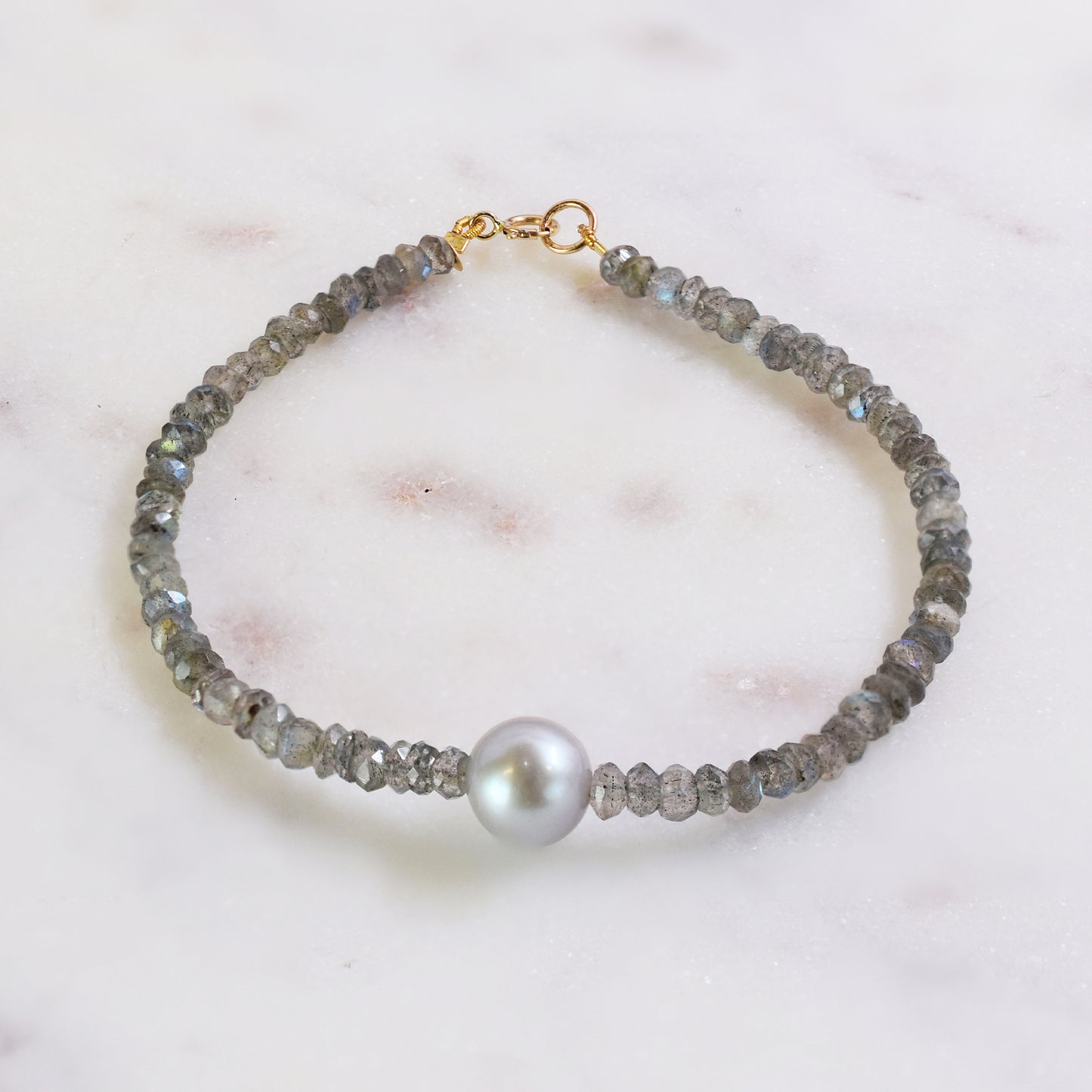 14k Labradorite Silver Grey Freshwater Pearl Bracelet 6.5''